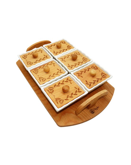 6 Piece Breakfast Set Ceramic- Wooden Stand-Rectangle