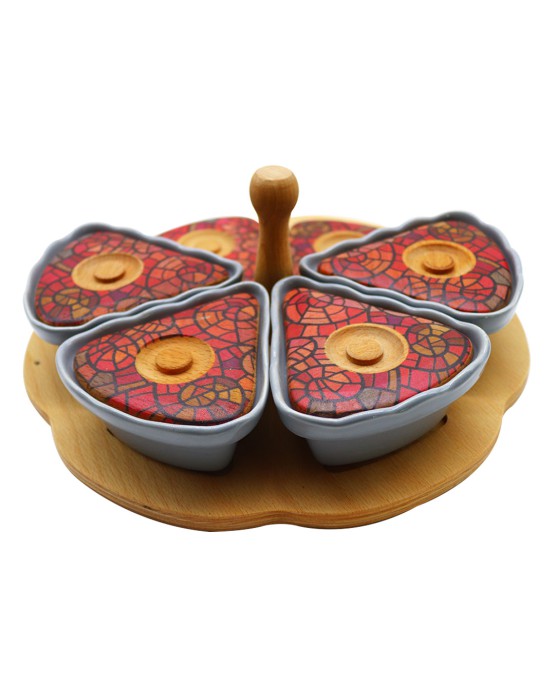  6 Piece Breakfast Set Ceramic- Wooden Stand-Color Printed