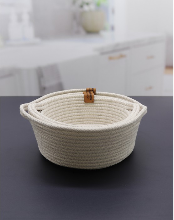 Cream Multi-Purpose Rattan Rope Knitted Basket With Handle 3 Pcs