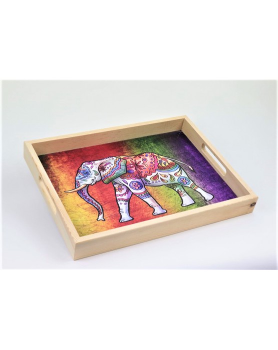 Wooden Sided Tray (Colorful Elephant Pattern)
